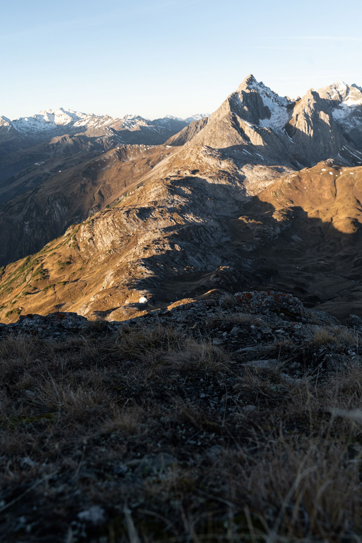 Rugged mountain peak in warm morning light near St. Anton am Arlberg