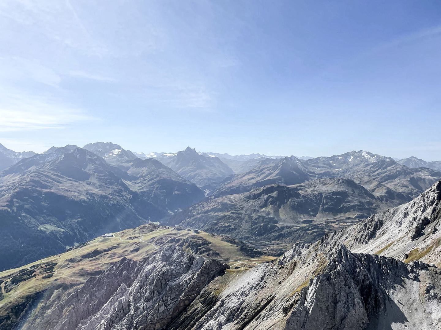 Mountain panorama over the Arlberg ranges in summer haze