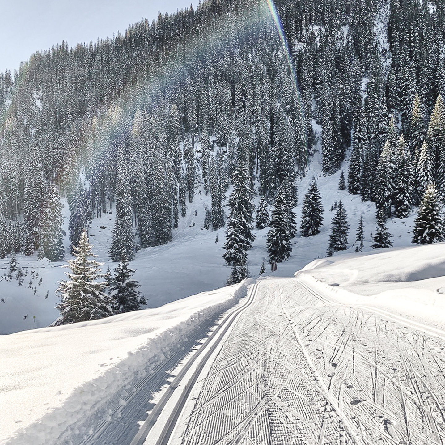 Cross-country trail along a snowy slope with forest on the Arlberg