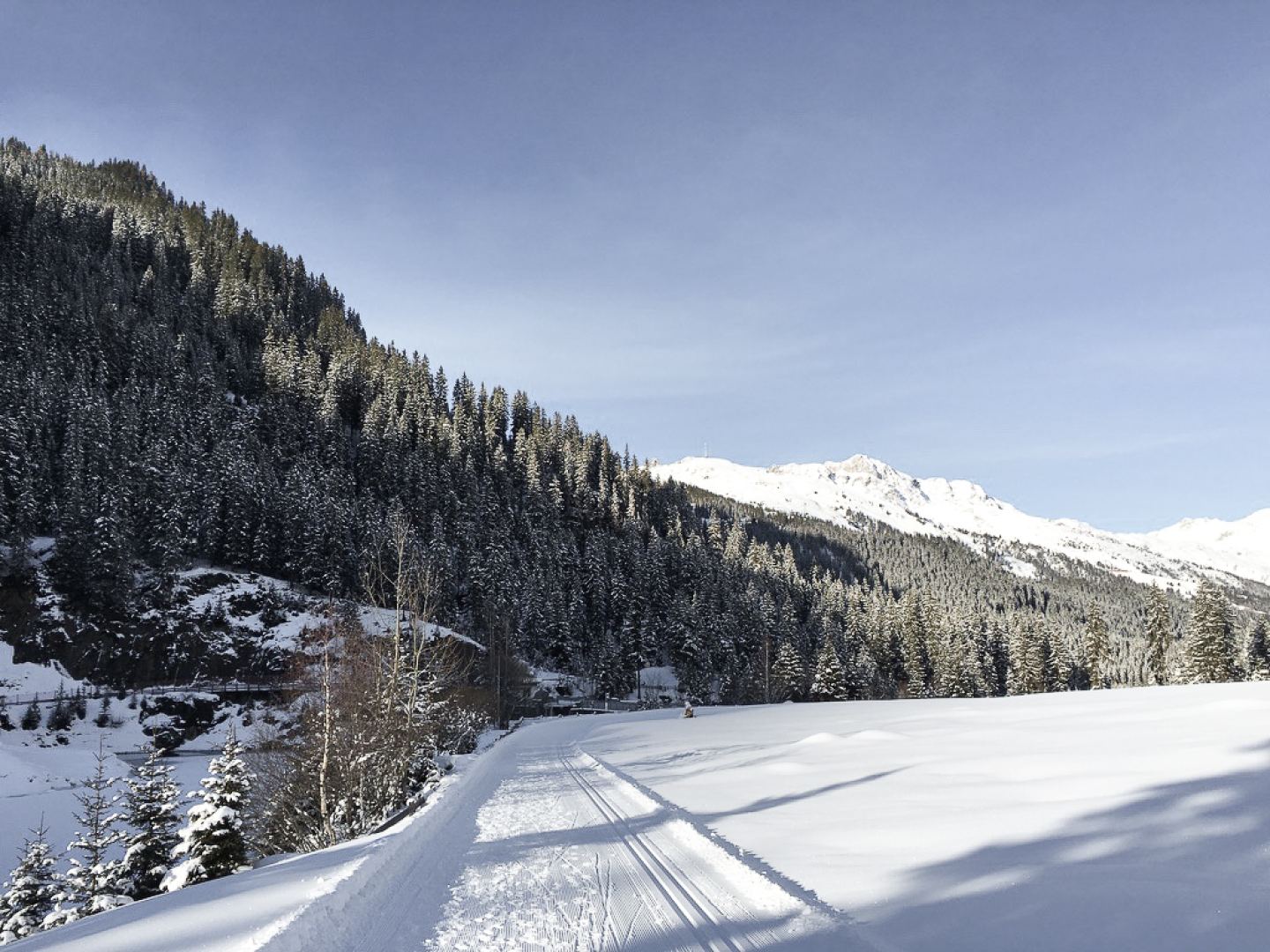 Wide groomed cross-country trail through the valley with snowy forest and mountains on the Arlberg